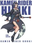  1girl belt black_kimono black_nails black_shoes black_socks blue_eyes blue_hair breasts character_name commentary copyright_name dual_wielding facial_mark fingernails floral_print full_body highres holding holding_weapon horns japanese_clothes jewelry jinri_shijie kamen_rider kamen_rider_gouki kamen_rider_hibiki_(series) kimono large_breasts looking_at_viewer necklace ongekibou_gouriki print_kimono rider-tan sharp_fingernails shoes short_hair simple_background socks solo thighs three-quarter_sleeves tokusatsu vambraces weapon white_background wide_sleeves 