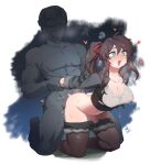  1boy 1girl arm_held_back blue_eyes blush breasts brown_hair character_request commission copyright_request covered_nipples difman fucked_silly heart heart-shaped_pupils helmet hetero highres kneeling large_breasts sex sex_from_behind sweat symbol-shaped_pupils 