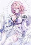  1girl blush breasts commentary detached_sleeves dress finger_to_mouth highres large_breasts looking_at_viewer low_wings medium_hair mole mole_on_breast nayul_illust pink_hair pointy_ears remielle_dan smile solo thighhighs white_background white_dress white_sleeves white_thighhighs white_wings wings zenless_zone_zero 