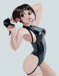  1girl adjusting_hair arms_behind_head black_leotard breasts brown_eyes brown_hair clothing_cutout commentary from_side grey_background hair_tie hair_tie_in_mouth highres leotard looking_at_viewer mouth_hold original ponytail side_cutout simple_background smile solo the_awesombrosos untranslatable_commentary 