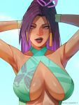  1girl absurdres armpits arms_behind_head breasts close-up commentary drawink earrings english_commentary eyelashes highres jewelry large_breasts looking_at_viewer marvel marvel_rivals open_mouth patreon_username print_swimsuit psylocke purple_eyes purple_hair purple_lips simple_background slingshot_swimsuit swimsuit teeth x-men 