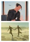  2boys barefoot black_hair contrail english_commentary footprints geto_suguru gojo_satoru hair_bun happy highres jewelry jujutsu_kaisen male_focus multiple_boys open_mouth pants plug_(piercing) rizurin running shore signature sitting white_hair yaoi 