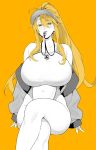  1girl ahoge artoria_pendragon_(fate) artoria_pendragon_(lancer)_(fate) artoria_pendragon_(swimsuit_ruler)_(fate) bare_shoulders blonde_hair blush braid breasts cleavage colored_eyelashes commentary_request crossed_legs fate/grand_order fate_(series) green_eyes greyscale_with_colored_background hair_between_eyes highleg highleg_one-piece_swimsuit huge_breasts jacket long_hair long_sleeves looking_at_viewer off_shoulder one-piece_swimsuit ponytail sidelocks soba_(saz) spot_color swimsuit thighs whistle yellow_background 