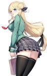  1girl agnes_claudel ass ass_peek bag black_skirt black_thighhighs blonde_hair blue_eyes breasts commentary_request eiyuu_densetsu from_side green_jacket hair_between_eyes hair_bun hair_ornament highres holding holding_bag jacket kuro_no_kiseki_(series) long_hair long_sleeves looking_at_viewer necktie open_mouth pleated_skirt red_necktie ririko_(zhuoyandesailaer) school_uniform shirt simple_background skirt solo standing thighhighs very_long_hair white_background zettai_ryouiki 
