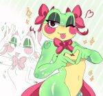  1girl :3 blush bow bowtie breasts carymaple diagonal-striped_background elbow_blush eyeshadow frog_girl green_eyeshadow highres looking_at_viewer makeup pink_bow pink_bowtie ribbit_(the_amazing_digital_circus) shoulder_blush small_breasts solo sparkle striped_background the_amazing_digital_circus tongue tongue_out 