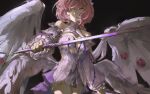  1girl absurdres bare_shoulders black_background bluhbblab breasts cleavage commentary cowboy_shot detached_sleeves dress english_commentary feathered_wings hair_intakes hair_ornament hair_over_one_eye highres holding holding_sword holding_weapon large_breasts long_sleeves looking_at_viewer mechanical_wings medium_hair multiple_wings one_eye_covered pink_eyes pink_hair pointy_ears remielle_dan scar scar_on_chest scar_on_face scar_on_shoulder simple_background smile solo sword weapon white_dress white_wings wings zenless_zone_zero 