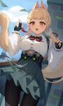  1girl absurdres alice_thymefield animal_ears black_gloves black_pantyhose black_skirt blonde_hair blush breasts clothes_lift collarbone commentary_request day fingerless_gloves floating_hair gloves hair_ornament heterochromia highres long_hair long_sleeves looking_at_viewer low-tied_long_hair low_twintails medium_breasts miniskirt open_mouth orange_eyes outdoors pantyhose pleated_skirt rabbit_ears rabbit_girl rabbit_tail red_eyes shirt skirt skirt_lift sky solo sphere_hair_ornament standing tail twintails upskirt white_shirt wind wind_lift youmi_kong_xiang zenless_zone_zero 