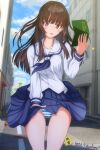  1girl aoshima_sangou artist_name asobi_no_kankei ass_visible_through_thighs black_hair blue_neckerchief blue_panties blue_skirt blunt_bangs blush book breasts brown_eyes building city collarbone commentary_request dated day hand_up holding holding_book long_hair long_sleeves looking_at_viewer medium_breasts neckerchief open_book outdoors panties pantyshot parted_lips pleated_skirt road sailor_collar shirt shogi_piece skirt skirt_tug sky solo standing straight_hair street striped_clothes striped_panties thighs underwear upskirt utakata_tsukino white_panties white_sailor_collar white_shirt wind wind_lift 