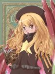  1girl blonde_hair book brown_eyes brown_hat commentary_request hair_between_eyes hand_up hat high_collar hoku holding holding_book long_hair looking_at_viewer mechanical_wings open_mouth sekaiju_no_meikyuu sekaiju_no_meikyuu_3 sidelocks solo star_(symbol) upper_body wings zodiac_(sekaiju) zodiac_4_(sekaiju) 