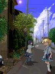  2girls bag bespectacled black_hair blonde_hair blue_skirt blue_socks brown_shoes buttons commentary_request contemporary food fortress_(sekaiju) fortress_2_(sekaiju) glasses hoku holding holding_bag holding_food holding_popsicle house kneehighs leg_warmers mouth_hold multiple_girls open_mouth outdoors popsicle road_closed_to_vehicles_sign road_sign scenery sekaiju_no_meikyuu sekaiju_no_meikyuu_4 shirt shoes short_hair short_sleeves sign skirt socks standing sweat swordsman_(sekaiju_4) swordsman_2_(sekaiju_4) white_leg_warmers 