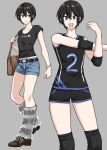  1girl absurdres bag bare_shoulders bead_bracelet beads belt black_belt black_hair black_shirt black_shorts blue_shorts bracelet brown_bag brown_eyes brown_shoes closed_mouth commentary_request elbow_pads fuku_(fuku_1028) fur_leg_warmers grey_background grey_leg_warmers hair_between_eyes hand_up highres holding_strap jewelry knee_pads leg_warmers looking_at_viewer midriff multiple_views open_mouth original sakuma_shiho shirt shoes short_hair short_shorts short_sleeves shorts shoulder_bag simple_background smile sportswear volleyball_uniform 