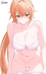  1girl absurdres areola_slip bare_arms bare_shoulders blonde_hair blush bottomless bra breasts cleavage closed_mouth collarbone commentary_request dot_nose english_text girls'_frontline girls'_frontline_2:_exilium groin groza_(girls'_frontline_2) highres kyowauwu0707 large_breasts long_hair navel ots-14_(girls'_frontline) panties panty_pull pussy solo underwear underwear_only undressing white_background white_bra yellow_eyes 