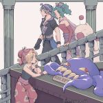  1boy 2girls bare_shoulders black_gloves black_jacket black_pants black_shirt blonde_hair blue_eyes breasts cape column commentary_request creature detached_sleeves dress earrings final_fantasy final_fantasy_vi gloves green_hair grey_hair hair_ribbon hat head_on_hand headscarf highres ika_okura_66 jacket jewelry locke_cole long_hair medium_breasts mog_(ff6) moogle multiple_girls pants parted_bangs parted_lips pillar pink_cape pink_hat pink_ribbon ponytail print_hat print_pants print_shirt purple_eyes red_dress red_eyes red_sleeves relm_arrowny ribbon sash sharp_teeth shirt short_hair single_glove strapless strapless_dress strapless_shirt teeth tentacles terra_branford tube_dress twitter_username ultros waist_sash walking 
