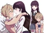  2girls arms_around_neck black_sweater_vest blush brown_cardigan brown_eyes brown_hair cardigan collared_shirt commentary contemporary earrings english_commentary eye_contact grey_skirt hand_on_another's_shoulder hanyu0205 highres jewelry kimi_ga_shinu_made_koi_wo_shitai lizzy_seiran long_hair looking_at_another maud_ali multiple_girls open_mouth plaid_clothes plaid_skirt pleated_skirt purple_hair red_eyes shirt short_hair skirt stud_earrings sweater_vest white_shirt yuri 
