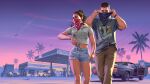  1boy 1girl absurdres bandana bandana_over_mouth black_bandana black_car blue_shorts box_truck brown_hair brown_pants car denim denim_shorts gas_station grand_theft_auto grand_theft_auto_vi grey_hoodie grey_shirt gun handgun highres holding holding_gun holding_weapon hood hoodie jason_duval long_hair looking_to_the_side lucia_caminos motor_vehicle official_art outdoors palm_tree pants ponytail purple_sky red_bandana semi_truck shirt short_hair short_shorts short_sleeves shorts sky tree truck weapon 