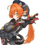  1girl 1other arms_under_breasts black_hat black_horns blush breasts closed_mouth commentary_request curled_horns dragon_girl dragon_horns fingerless_gloves gloves green_eyes hair_between_eyes hat hhhhhhnt2 highres horns large_breasts long_hair looking_at_viewer magus_(zenless_zone_zero) mechanical_horns mechanical_tail one_eye_closed orange_hair orange_pupils orphie_magnusson pointy_ears simple_background smile tail upper_body white_background zenless_zone_zero 