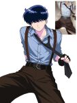  1boy belt belt_buckle black_hair black_necktie blue_shirt buckle closed_mouth commentary dress_shirt fingerless_gloves ganbare!_nakamura-kun!! gloves highres looking_at_viewer male_focus marusan_0q nakamura_okuto necktie pants shirt short_hair sitting sleeves_rolled_up solo suspenders untranslatable_commentary 