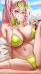  1girl absurdres azur_lane bare_shoulders bennington_(azur_lane) bennington_(sunshine_chaser)_(azur_lane) bikini blue_sky bow bowtie braid braided_bangs breasts car choker cleavage closed_mouth cloud collarbone commentary day earrings eyewear_on_head green-tinted_eyewear green_bikini green_bow green_bowtie green_choker green_eyes hair_between_eyes hair_intakes heart heart-shaped_eyewear heart_necklace heart_piercing highres jacket jewelry large_breasts long_hair looking_at_viewer motor_vehicle navel navel_piercing necklace off_shoulder official_alternate_costume open_clothes open_jacket outdoors piercing pigu_56100 pink_hair red_car red_nails sandals sidelocks sitting skindentation sky smile solo stomach strap_pull stud_earrings sunglasses swimsuit thigh_strap tinted_eyewear tongue tongue_out twintails v white_jacket 