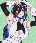  1girl apron aqua_background armpits ayase_yuu ayase_yuu_(2nd_costume) black_hair black_romper black_sleeves blue_eyes blue_hair blue_streaks blush bow bowtie breasts colored_inner_hair commentary_request cosplay detached_sleeves double-parted_bangs ear_piercing earrings frilled_apron frills heart_arms high_ponytail highres jewelry lebanne_(pokemon) lebanne_(pokemon)_(cosplay) logo long_bangs long_hair looking_at_viewer maid_apron maximum_pamyu multicolored_hair multiple_earrings official_alternate_hairstyle parted_lips phase_connect piercing pokemon pokemon_legends:_z-a ponytail purple_nails romper sketch solo sparkle sparkle_background spiked_ear_piercing streaked_hair teeth turtleneck upper_body very_long_hair virtual_youtuber white_apron white_bow white_bowtie white_headdress 