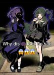  2girls akiha_school_uniform bang_dream! bang_dream!_yumemita black_shirt black_sky black_socks bob_cut chinese_commentary commentary_request emoji english_text face_in_shadow fuji_miyako fuji_miyako_(real) full_body green_hair hair_bun hair_ornament highres loafers long_hair long_sleeves meishangjia_buyi meme mole mole_under_mouth multiple_girls night one_side_up open_mouth outdoors photo_background pleated_skirt purple_eyes purple_hair school_uniform shirt shoes short_hair sidewalk single_side_bun skirt sky socks viola_(bang_dream!) why_dis_ninja_look_so_mad_(meme) x_hair_ornament 