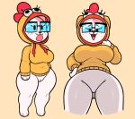  2022 acstlu anthro april_the_fool_(acstlu) big_breasts bottomless bottomless_anthro bottomless_female breasts clothed clothing digital_media_(artwork) domestic_cat eyewear felid feline felis female freckles fur genitals glasses hi_res hoodie looking_at_viewer low-angle_view mammal narrowed_eyes open_mouth pussy simple_background solo standing thick_thighs tongue tongue_out topwear white_body white_fur wide_hips 