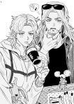  2boys 2others alternate_costume ball_breaker_(stand) bestcondition14 box cross cross_necklace cup disposable_cup donut eyewear_on_head facial_hair food greyscale gyro_zeppeli highres holding holding_box holding_cup holding_food hood hoodie jewelry johnny_joestar jojo_no_kimyou_na_bouken krispy_kreme long_hair male_focus monochrome multiple_boys multiple_others multiple_rings necklace ring speech_bubble stand_(jojo) star_(symbol) steel_ball_run sunglasses thought_bubble tusk_(stand) tusk_act1 