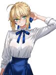  1girl ahoge arm_at_side arm_up artoria_pendragon_(fate) blonde_hair blue_ribbon blue_skirt braid braided_base bun_with_braided_base closed_mouth collared_shirt commentary english_commentary fate/stay_night fate/unlimited_blade_works fate_(series) green_eyes hair_between_eyes hair_bun hair_ribbon highres leizyart looking_at_viewer neck_ribbon ribbon saber_(fate) shirt shirt_tucked_in signature simple_background skirt solo white_background white_shirt 