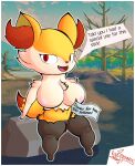  anthro big_breasts bodily_fluids braixen breasts canid canine canis dialogue digital_media_(artwork) english_text female fox fur generation_6_pokemon genitals hi_res inner_ear_fluff mammal nintendo nipples nude outline pokemon pokemon_(species) signature smile solo speech_bubble stick text tuft video_games voy_barranca_abajo white_body wide_hips yellow_body 