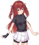  1girl agatsuma_sora alternate_hairstyle belt bike_shorts bike_shorts_under_skirt black_belt black_gloves black_shirt breasts cinderella_series commentary_request cowboy_shot fingerless_gloves garukichi gloves grin hachigatsu_no_cinderella_nine highres long_hair medium_breasts red_eyes red_hair satogahama_baseball_uniform shirt short_sleeves simple_background single_glove skirt smile solo teeth two_side_up white_background white_skirt 