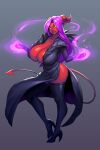  1girl absurdres black_shoes black_thighhighs blackmyst breasts collarbone colored_sclera colored_skin curled_horns demon_girl demon_horns demon_tail energy fantasy full_body glowing gradient_background grey_background grin high_heels highres horns huge_breasts lips long_hair looking_at_viewer magic mole mole_under_eye original parted_bangs parted_lips pelvic_curtain pointy_ears purple_hair purple_lips red_horns red_skin shoes simple_background smile solo tail teeth thighhighs yellow_eyes yellow_sclera 