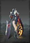  1girl armor armored_boots barefoot bodysuit boots breasts claws fire full_body fyugins_png gauntlets gloves glowing greaves grey_background helmet highres holding holding_sword holding_weapon huge_weapon large_breasts long_hair looking_at_viewer original pauldrons shoulder_armor solo standing sword tail thighs weapon white_hair 