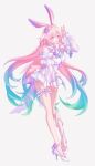  1girl animal_ears aqua_hair breasts commentary_request cyrene_(demiurge)_(honkai:_star_rail) cyrene_(honkai:_star_rail) detached_sleeves diamond-shaped_pupils diamond_(shape) fake_animal_ears frilled_thigh_strap full_body high_heels highres honkai:_star_rail honkai_(series) leotard long_hair looking_at_viewer medium_breasts multicolored_hair mykytk pink_hair playboy_bunny purple_eyes rabbit_ears simple_background smile solo symbol-shaped_pupils thigh_strap very_long_hair white_background white_hair white_leotard 