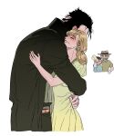 2boys 2girls absurdres beard black_coat black_hair blonde_hair brown_hair chibi chibi_inset coat commentary_request cowboy_hat dress earrings facial_hair glasses gloves grey_hair hat height_difference highres hoop_earrings hug husband_and_wife jewelry jojo_no_kimyou_na_bouken joseph_joestar joseph_joestar_(old) korean_commentary kujo_holy kujo_jotaro mature_female mother_and_child mother_and_son multiple_boys multiple_girls old old_man old_woman parent_and_child pinkteest stardust_crusaders suzi_q white_gloves yellow_dress 