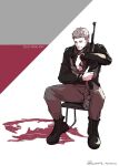  1boy ace_combat ace_combat_zero artist_name assault_rifle boots chair character_name chest_rig commentary full_body gun highres holding holding_gun holding_weapon jacket kalashnikov_rifle kuranne larry_foulke limited_palette load-bearing_vest male_focus pants rifle shadow short_hair sitting solo twitter_username weapon 