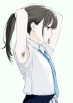  1girl absurdres armpit_hair armpits arms_up blue_necktie blue_skirt bra bra_visible_through_clothes brown_eyes brown_hair collared_shirt commentary_request cowboy_shot expressionless from_side hair_tie hair_tie_in_mouth highres long_hair looking_ahead mouth_hold necktie original pink_bra pleated_skirt ponytail profile school_uniform secret_dmain shirt shirt_tucked_in short_sleeves simple_background skirt solo standing tying_hair underwear variant_set white_background white_shirt 