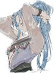  1girl armpits blue_hair braiding_hair braiding_own_hair closed_eyes closed_mouth commentary_request fire_emblem fire_emblem:_fortune's_weave hairdressing highres hk_539099410 long_hair loose_hair_strand mole mole_under_mouth see-through_clothes see-through_sleeves simple_background sketch solo ursula_(fire_emblem:_fortune's_weave) white_background 