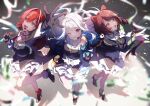  3girls :d adjusting_headset ange_katrina animal_ears arm_up black_gloves black_shirt black_shoes black_skirt blue_hair blurry blurry_foreground braid cape character_charm charm_(object) collared_shirt colored_inner_hair commentary_request crossed_bangs dog_ears dog_hair_ornament fangs fffafa_daifuku frilled_skirt frills gloves gold_trim grey_eyes group_picture hair_between_eyes hair_intakes hair_ornament hair_ribbon half_up_braid hand_up hands_up headset heterochromia high_heels idol_clothes inui_toko layered_shirt layered_skirt light_particles lize_helesta long_hair long_sleeves looking_at_viewer looking_up low_twin_braids medium_hair miniskirt multicolored_hair multiple_girls nijisanji nijisanji_matching_outfit one_eye_closed open_mouth purple_eyes red_cape red_eyes red_hair red_ribbon ribbon sanbaka_(nijisanji) sebastian_piyodore shadow shirt shoes side_cape silver_tiara skirt sleeve_cuffs smile standing standing_on_one_leg streaked_hair streamers thigh_strap twin_braids two-sided_cape two-sided_fabric two-tone_hair very_long_hair virtual_youtuber white_hair white_shirt white_skirt yellow_eyes 