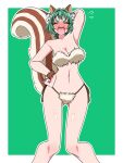  1girl animal_ears arm_behind_head arm_up armpits ass_visible_through_thighs bare_arms bare_legs bare_shoulders bikini blush breasts butterfly_on_hair cleavage collarbone commentary embarrassed facing_viewer flower flying_sweatdrops fur_bikini green_background green_hair hair_flower hair_intakes hair_ornament hand_on_own_hip highres kemonomimi_mode kimi_no_koto_ga_dai_dai_dai_dai_daisuki_na_100-nin_no_kanojo knees_together_feet_apart large_breasts large_tail navel nose_blush open_mouth outline posing short_hair side-tie_bikini_bottom simple_background solo squirrel_ears squirrel_girl squirrel_tail stomach strapless strapless_bikini string_bikini striped_tail swimsuit taiki0024 tail v-shaped_eyebrows white_outline yasashiki_yamame 