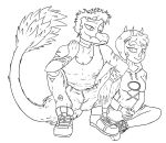  anthro bottomwear ceratopsian clothed clothing crouching dinosaur dromaeosaurid duo facial_horn feathered_tail feathers female freckles goodbye_volcano_high hair hi_res hoodie horn long_snout male markings monochrome ornithischian pants reed_(gvh) reptile scalie short_hair simple_background sitting sketch snoot_game_(fan_game) snout theropod topwear torn_bottomwear torn_clothing torn_pants triceratops trish_(gvh) velociraptor video_games white_background yakkokatto 