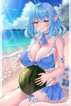  1girl :t ahoge bikini bikini_skirt blue_bikini blue_choker blue_hair blue_streaks blunt_bangs bow braid breasts choker cleavage closed_mouth commentary_request day elf food frilled_arm_strap frilled_bikini frilled_choker frilled_thigh_strap frills fruit hair_bow hair_ornament heart heart_ahoge highleg highleg_bikini highres hololive large_breasts lily54911015 looking_at_viewer medium_hair multicolored_hair ocean official_alternate_costume official_alternate_hairstyle outdoors pointy_ears pout side_braids solo streaked_hair swimsuit thigh_strap virtual_youtuber watermelon white_bow x_hair_ornament yellow_eyes yukihana_lamy yukihana_lamy_(summer) yukimin_(yukihana_lamy) 