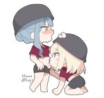  17aijo 2girls bang_dream! bang_dream!_it's_mygo!!!!! black_hat black_shorts blonde_hair blue_hair chibi chibi_only chinese_commentary commentary_request fellatio futa_with_female futanari hat highres misumi_uika multiple_girls oral penis purple_eyes shorts simple_background testicles togawa_sakiko white_background yellow_eyes 