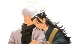  2boys adam's_apple black_hair black_kimono black_scarf closed_eyes closed_mouth covered_pectorals earrings eyelashes freckles geto_suguru gojo_satoru hair_bun halo highres japanese_clothes jewelry jujutsu_kaisen kimono leaning_on_person long_hair male_focus multiple_boys parted_lips pectorals rizurin scarf signature simple_background traditional_halo upper_body very_long_hair white_background white_hair yaoi 