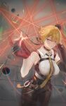  1girl absurdres black_gloves black_pants blonde_hair breasts commentary_request cowboy_shot earrings elbow_gloves ethereal_(zenless_zone_zero) evelyn_chevalier gloves half_gloves high-waist_pants highres jewelry large_breasts mole mole_under_eye monster necktie orangeponzu pants purple_eyes shirt short_hair single_elbow_glove single_half_glove snapping_fingers tight_clothes tight_pants white_shirt yellow_necktie zenless_zone_zero 