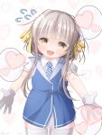  1girl blue_dress blue_necktie braid brown_eyes brown_hair commentary_request diagonal-striped_clothes diagonal-striped_necktie dress flying_sweatdrops gloves grey_sailor_collar hair_ribbon heart hugging_viewer kantai_collection necktie one-hour_drawing_challenge ribbon sailor_collar short_hair short_hair_with_long_locks side_braids solo spoken_heart striped_clothes striped_necktie thighhighs ukuru_(kancolle) uraguchi_hiiro white_gloves white_thighhighs yellow_ribbon 