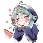  1girl :t ahoge blue_hoodie blush candy closed_eyes closed_mouth commentary_request cropped_torso dragon_musume_ni_naritakunai! duel_masters food hair_between_eyes hair_flaps hair_ornament hands_on_own_cheeks hands_on_own_face heart highres hood hood_up hoodie jelly_bean kumada_suzu long_hair smile snack_bag solo tm11056 upper_body white_background 