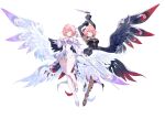  2girls absurdres arms_up bare_shoulders black_bow black_dress black_shrug black_thighhighs black_wings bow breasts chest_belt chinese_commentary cleavage commentary_request detached_sleeves dress dual_persona feathered_wings full_body hair_bow hair_intakes hair_ornament hands_up highres holding holding_knife knife large_breasts long_sleeves looking_at_viewer mechanical_wings medium_hair multiple_girls multiple_wings official_alternate_costume pink_eyes pink_hair pointy_ears purple_eyes remielle_dan remielle_dan_(moonlight_whispers) short_dress shrug_(clothing) simple_background smile tameng_official thighhighs white_background white_dress white_thighhighs white_wings wings zenless_zone_zero 