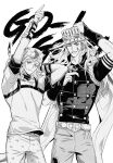  2boys arm_up ball barefoot belt belt_buckle bestcondition14 bridal_gauntlets buckle cape cowboy_hat facial_hair goggles goggles_on_headwear greyscale gyro_zeppeli hat highres holding holding_ball horseshoe_ornament johnny_joestar jojo_no_kimyou_na_bouken long_hair male_focus monochrome multiple_boys one_eye_closed pointing pointing_up star_(symbol) star_print steel_ball_(jojo) steel_ball_run 