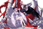  2girls absurdres back bare_shoulders black_bow black_dress black_shrug black_sleeves black_thighhighs black_wings bow breasts bridal_gauntlets chain chinese_commentary cleavage commentary_request crossed_legs detached_sleeves dress dual_persona feathered_wings feathers from_behind hair_bow hair_intakes hair_ornament hand_on_own_cheek hand_on_own_face high_heels highres large_breasts long_sleeves looking_at_viewer looking_back low_wings medium_hair miyoushe_watermark multiple_girls mys_lind official_alternate_costume one_eye_closed pink_eyes pink_hair pointy_ears purple_eyes purple_nails red_nails remielle_dan remielle_dan_(moonlight_whispers) ruins shrug_(clothing) sitting smile standing stone_pillar thighhighs watermark white_background white_dress white_feathers white_sleeves white_thighhighs white_wings wings zenless_zone_zero 