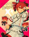  1girl absurdres ahoge blush bow collared_shirt commentary detached_sleeves dmitkooi drill_hair hair_between_eyes highres jacket kasane_teto kasane_teto_(sv) kasane_teto_(utau) long_sleeves looking_at_viewer open_mouth red_eyes red_hair red_trim shirt shoulder_belt simple_background skirt smile solo synthesizer_v twin_drills twintails untranslatable_commentary utau 