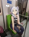  1girl ? bag bare_shoulders black_pants commentary_request contemporary earrings el_quijote elf expressionless frieren highres jewelry long_hair looking_at_viewer pants petite photo_background pointy_ears shirt sitting sleeveless sleeveless_shirt solo sousou_no_frieren spanish_commentary spoken_question_mark striped_clothes striped_shirt train_interior twintails white_bag white_hair 